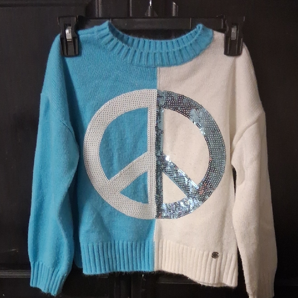 Justice Blue and White Sequin Peace Sweater